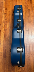 Deep Sea Blue Calton case for a Lowden model F guitar side view