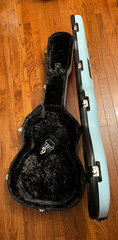 Calton case for an Olson Parlor guitar in Dresden Blue with Pewter interior