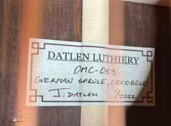 Datlen OMC Cocobolo guitar interior label