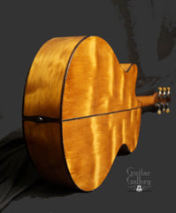L J Williams Ancient Kauri Whitebait Tui guitar with Sea Turtle inlay end view