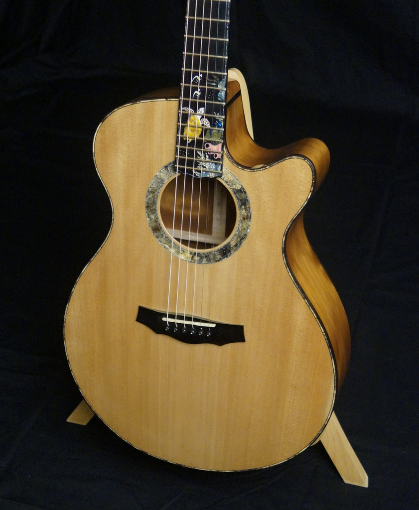 L J Williams Ancient Kauri Whitebait Tui guitar with Sea Turtle inlay for sale