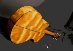 L J Williams Ancient Kauri Whitebait Tui guitar with Sea Turtle inlay glam shot back