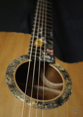 L J Williams Ancient Kauri Whitebait Tui guitar with Sea Turtle inlay detail