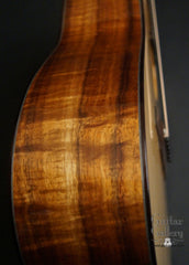 Langejans Koa guitar 5A koa side up close