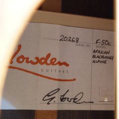 Lowden F50 guitar label
